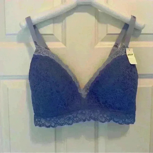 Aerie NWT Real Happy Women’s Size 38DD Wireless Lightly Lined Blue Lace Bralette - Picture 5 of 15